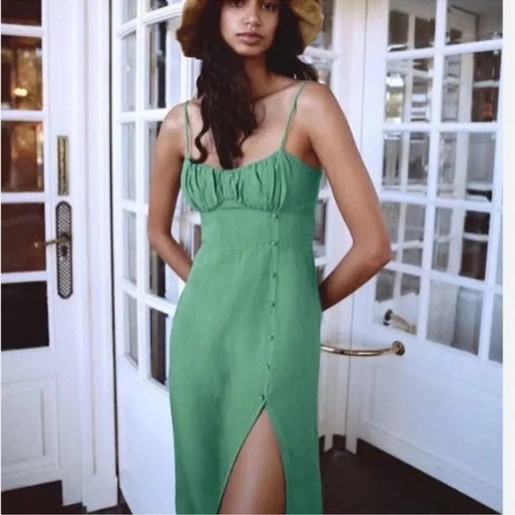 NWT Zara Green Lined Button Midi Dress - Picture 1 of 9